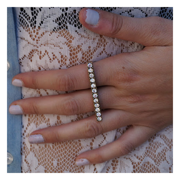 Two Finger Crystal Bar Ring - Antique Gold on Luulla