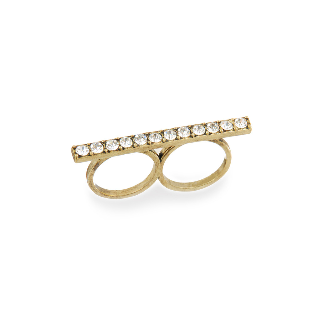 Two Finger Crystal Bar Ring - Antique Gold on Luulla